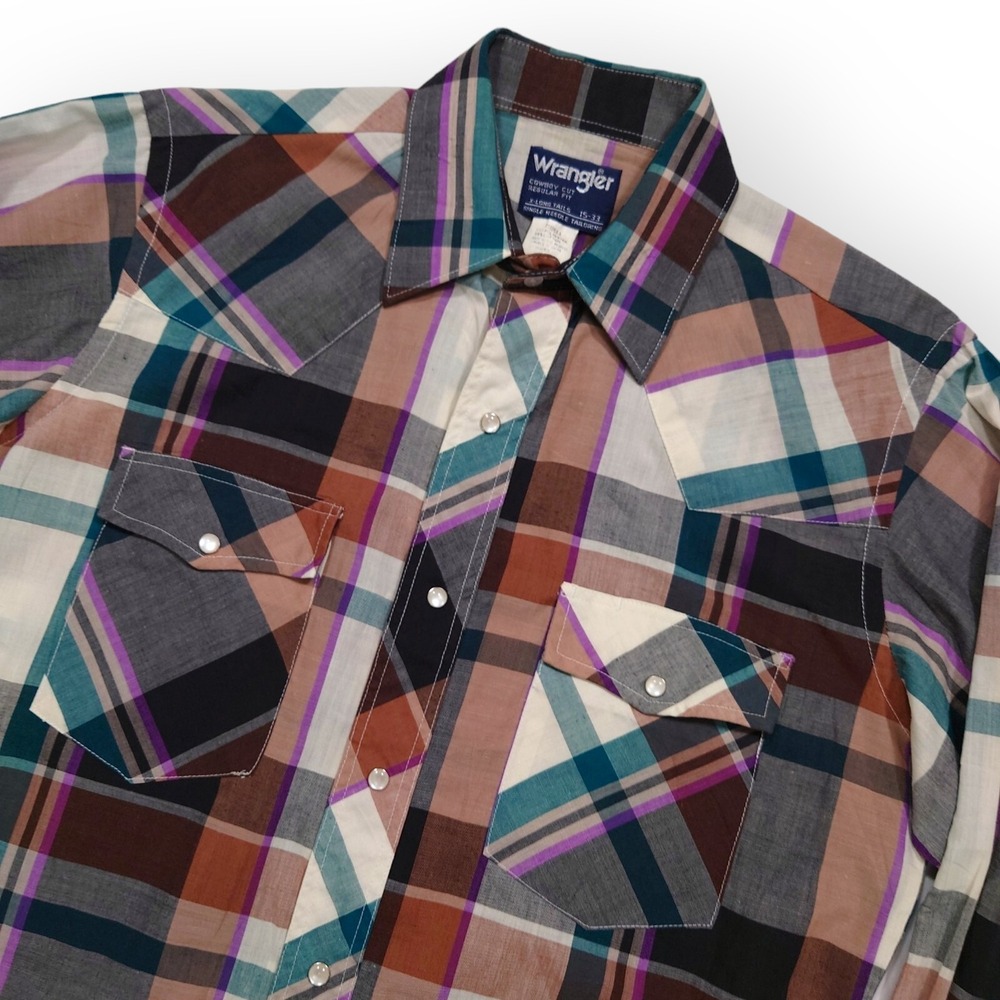 Wrangler Mens 15-33 Cowboy Cut Pearl Snap Plaid Western Shirt X-Long Tails